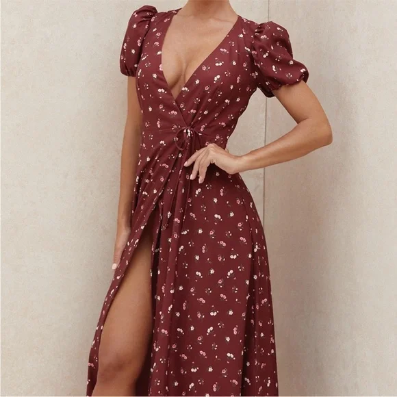 Elegant Burgundy Floral Wrap Dress